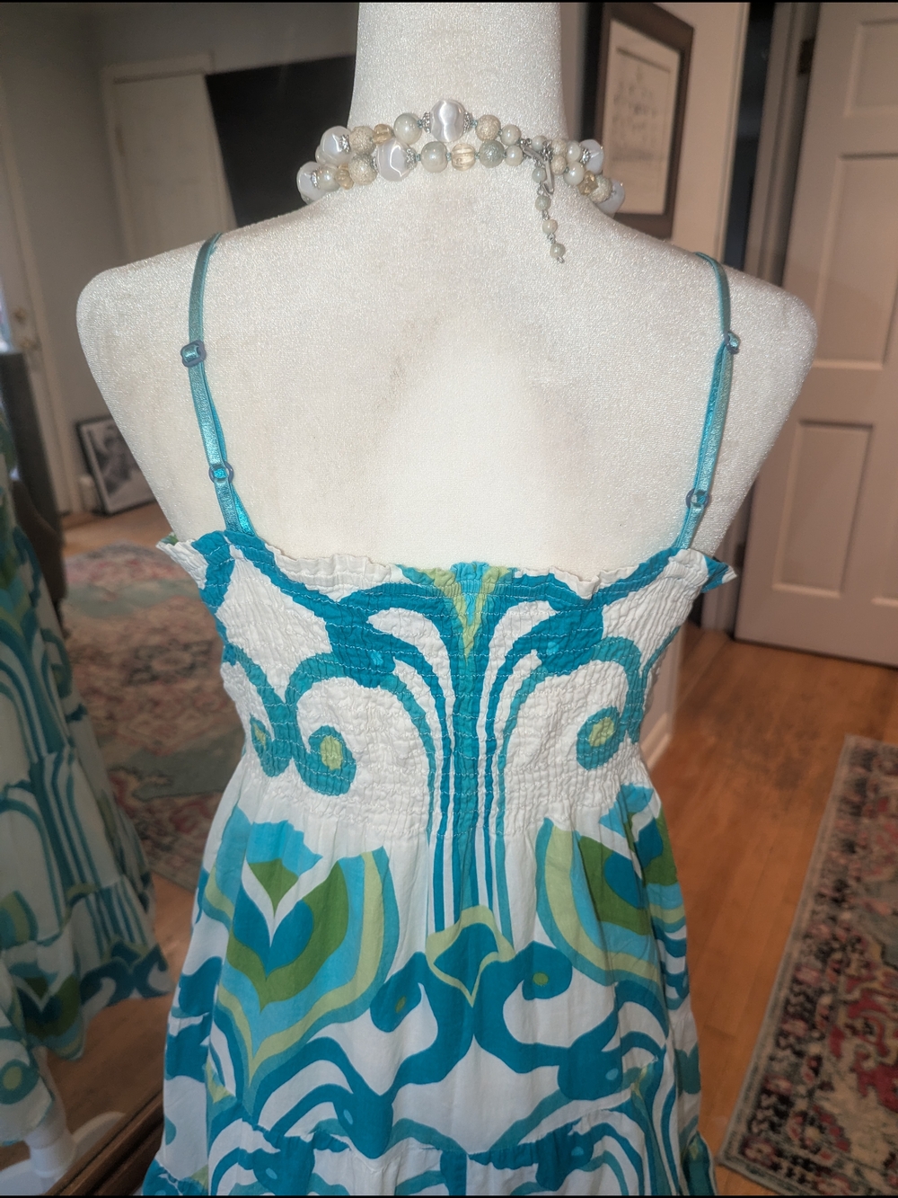 💯 Indian Cotton Green & White Printed Sundress With Slip - Picture 6 of 12